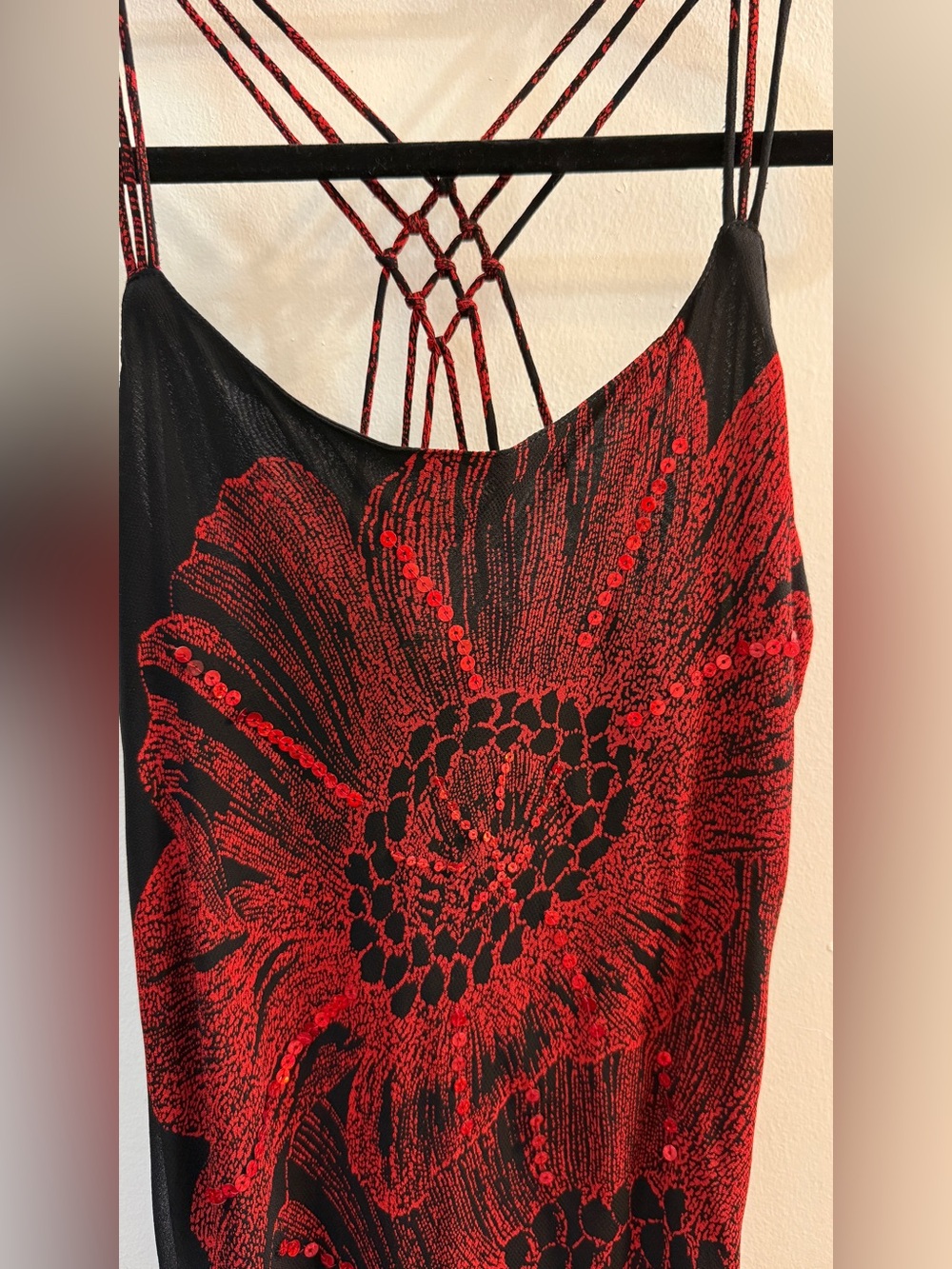 Vtg 90s Raiment Fashions Rayon Dress  Fits M Red Floral Sequin Strappy Midi